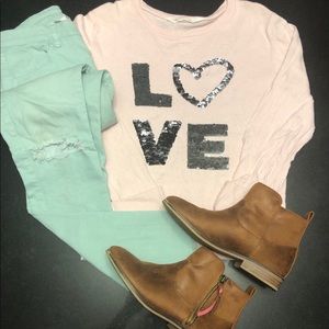 Girls pink sequin mint jean brown booties set